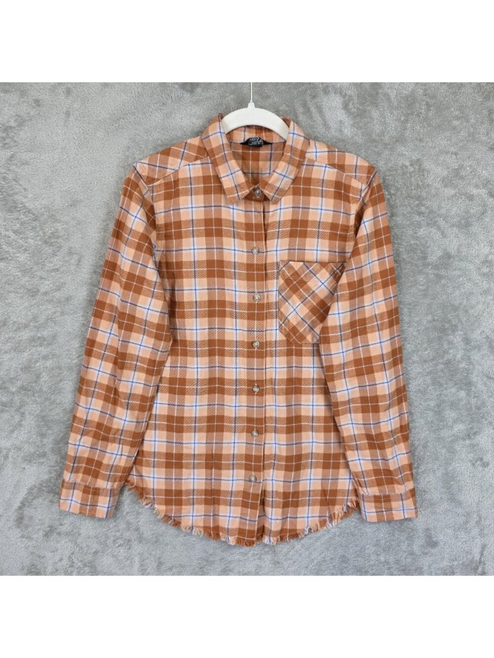 Eddie Bauer Button Up Shirt Womens S Orange Plaid Fringe Hem Flannel Long Sleeve